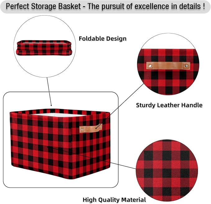 Buffalo Plaid Storage Bins Christmas Theme Storage Nursery Baskets with Handle Collapsible Closet Organizer Waterproof Shelf Boxes for Books Cloth 15x11x9.5 IN