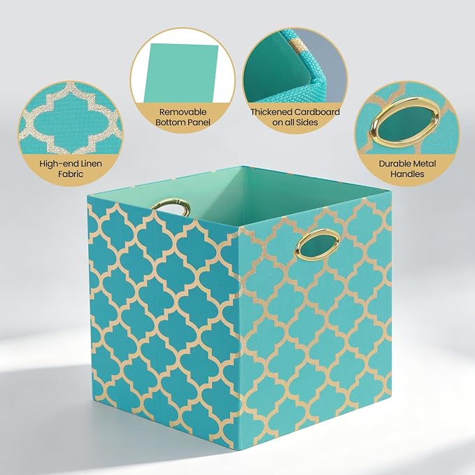 Posprica 13x13x13 Storage Cube Bins, Collapsible Storage Bins Fabric Storage Cubes Organizer Baskets Box Drawers for Shelves, Closet, Wardrobe, Bookshelf, Cabinet, Sky Blue/Gold Lantern, 4 Pack