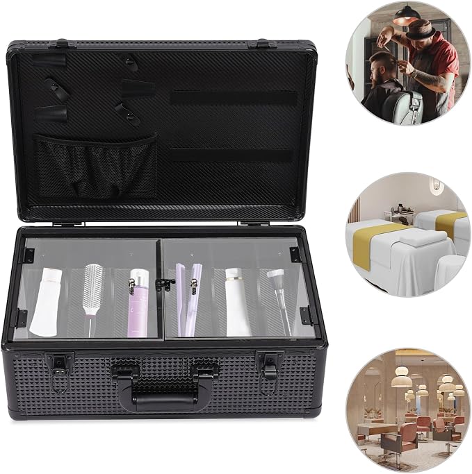 Barber Case, Professional Barber Organizer Case, Clipper Storage Suitcase, Aluminum Hard Shell Tool Box, Dustproof Clear Cap, Hair Stylist Pet Grooming Salon Travel Kit Organizer 17.13