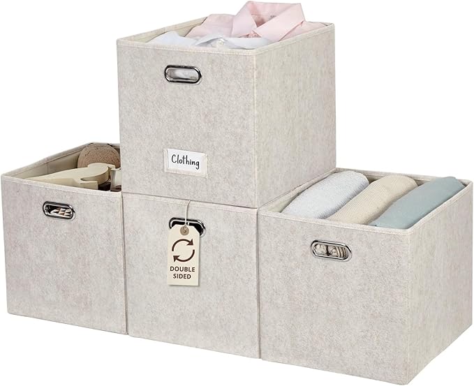 DECOMOMO Felt Storage Bins, 13x15x13 Storage Cube Bins with Labels | 4 Pack Storage Baskets for Shelves, Kallax (Beige)