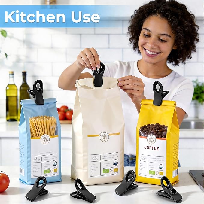 12 Pack Chip Clips, Bag Clips for Food, Magnetic Sealers for Chips And Other Food, Plastic Bag Clip for Kitchen, Fridge, Clothes, Sewing And Artwork (Black)