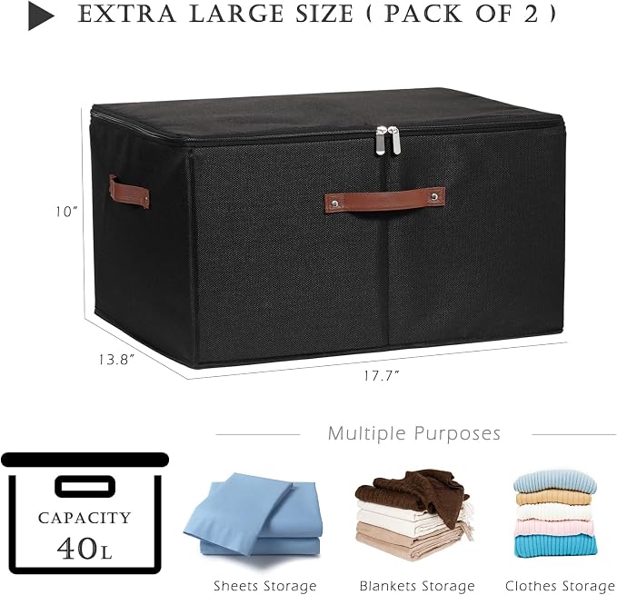 2PCS Storage Bins with Zipper Lids Decorative Lidded Basket Box | Clothes Container, Closet Shelf Organizer, Foldable Washable, Cotton Linen Fabric, w/ PU Leather Handles, Black, Extra Large