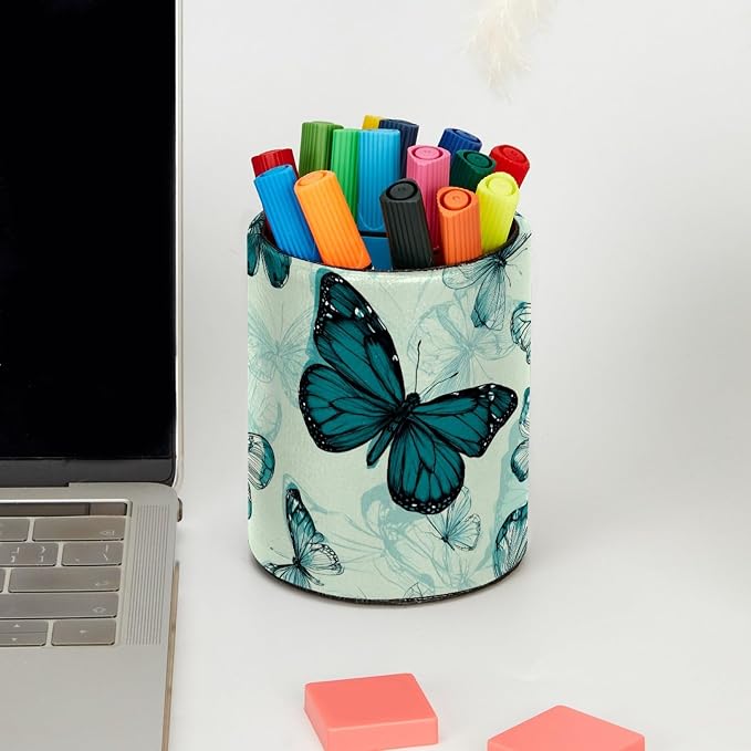 Green Butterflies Pen Holder, Pencil Cup Marker Brush Holder Desk Storage Case, Desktop Organizer for School Office Home Supplies