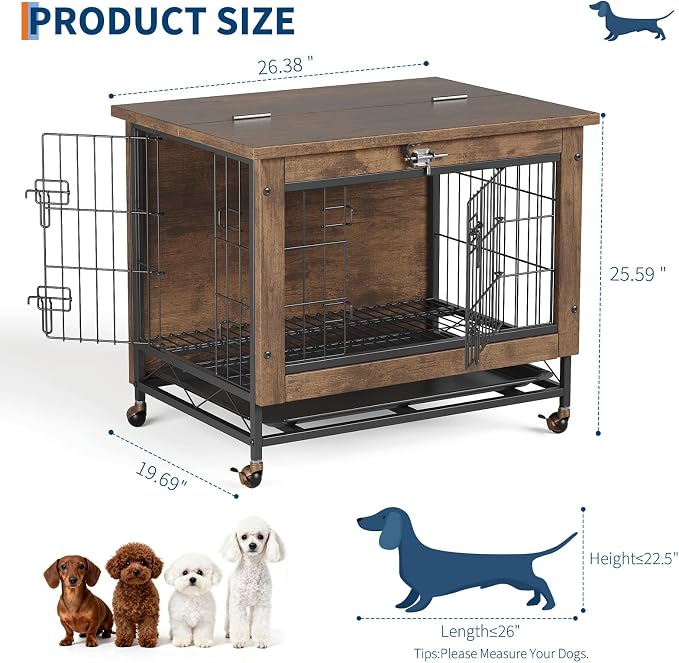 Rustic Brown with Dog Crate Furniture with Wheels, Easy Mobility & Secure Placement, Dual Doors & Top-Opening Access, Cleaning & Comfort, Multi-Functional & Space-Saving Design