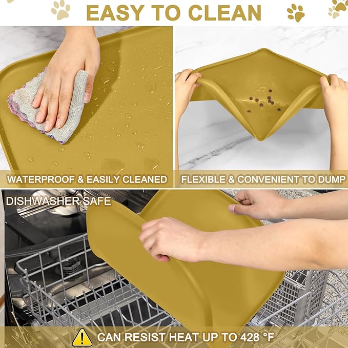 Smilool Silicone Pet Food Mat with Raised Edge for Food and Water Bowl, Dog Feeding Mats, Cat Food Trays for Floor Waterproof, Rubber Tray for Dogs and Cats, 19 x 12 x 0.7 Honey