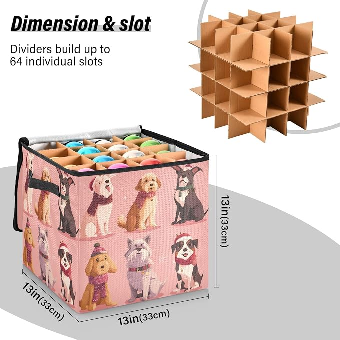 OTVEE Christmas Ornament Storage Box Holiday Decoration Organizer Stores upto 64 Holiday Ornaments Adjustable Dividers Tear-Proof Fabric Festive Pet Pattern