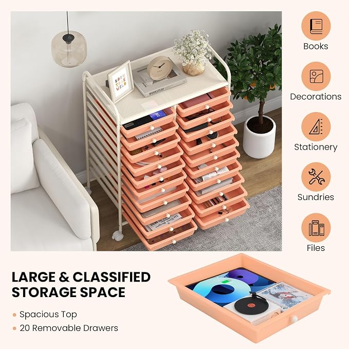20 Drawer Rolling Storage Cart, Art Cart Organizer with Wheels for Makeup, Tool, Paper, Multipurpose Craft Storage Cart with Drawers for Office, Home, Classroom, School (Peach)