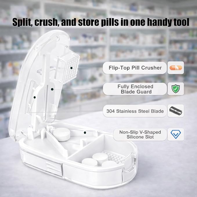 Pill Cutter and Crusher,Tablet Splitter with Pill Storage，Transparent White