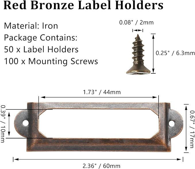 50 PCS Metal Label Holders 60x17mm Red Bronze with Screws | Iron Red Bronze-Plated Rust-Proof, 60x17mm Fits 44x10mm Label, Screws Included, For Cabinet Drawer File Box