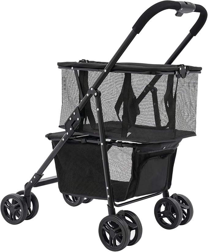 2-in-1 Folding Shopping Cart & Pet Stroller, Lightweight Grocery Cart with 360° Swivel Wheels & Detachable Carry Bags, Multi Use Utility Carts Portable Trolley for Shopping, Picnic and Office, Black