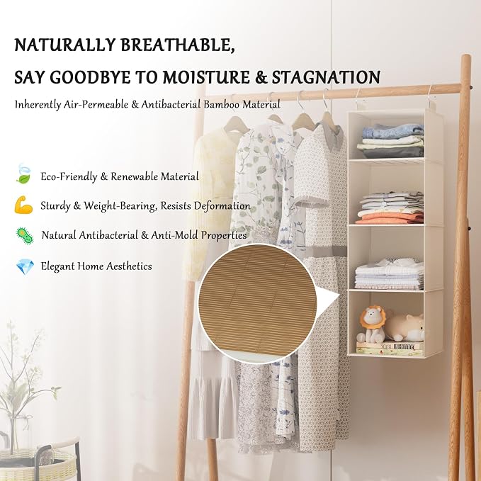 Hanging Closet Organizer and Storage with Bamboo Shelves - Foldable Storage for Clothes, Towels, Accessories | Space Saving, No Assembly Needed (Beige)