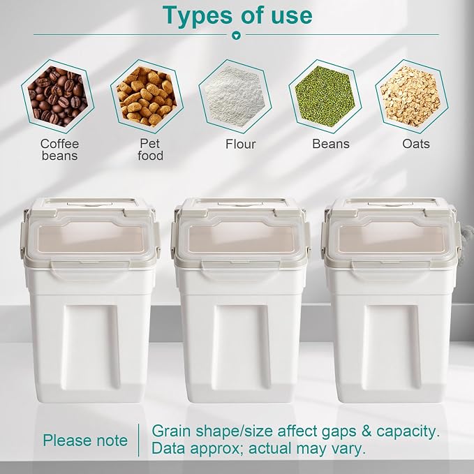 Saim 6Pack 50lb Flour & Rice Storage Container Bin, Grey | BPA free plastic with seal lid, rolling wheels and measuring scoop for rice, flour, cereal and grain one-hand scooping