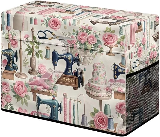 Elegant Sewing Element Sewing Machine Cover,Protective Cover with Side Handle and Sewing Essentials Pockets,Dust & Pet Hair Protection,Fits Standard Singer & Brother Machine