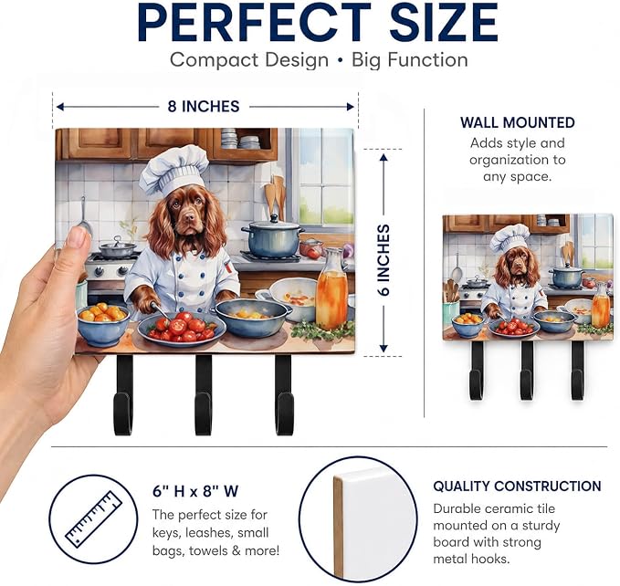 Caroline's Treasures Sussex Spaniel The Chef Leash or Key Holder Wall Hooks, Key Hooks Holder, Coat Rack Wall Mount, Coat Hooks, Hooks for Hanging Keys, Towels, Aprons, Leashes | Sussex Spaniel The Chef artwork on ceramic tile with three steel hooks fo...