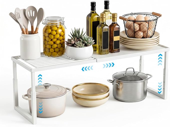 Expandable Cabinet Shelf Organizer, Stackable Countertop Shelves, White | 15.8''- 25.5'' In Cabinet Shelf, Adjustable Kitchen Cabinet Organizer for Pantry Organizer, CupBoard Organizers and Storage
