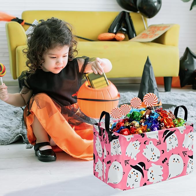 Halloween Pink Ghost Storage Basket Gift Shelf Basket Storage Bin, Toys Nursery Basket Organizer Box for With Handles for Room Deco
