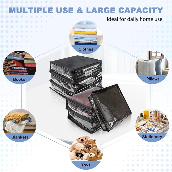 Clear Zippered Plastic Clothes Storage Bags, 6 Pack, Black | Clear Storage Bags with Zipper Plastic Storage Bags for Clothes Sweaters Blankets Sheets, Size: 15.7 x 13.8 x 3.9 Inch