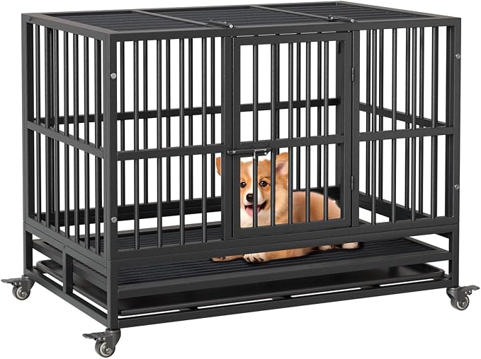 GarveeLife 38inch Heavy Duty Dog Crate, Foldable Indoor Dog Cage with Double Door, 360° Lockable Wheels and Removable Tray, Easy to Clean and Assembly，for Small Medium Dogs
