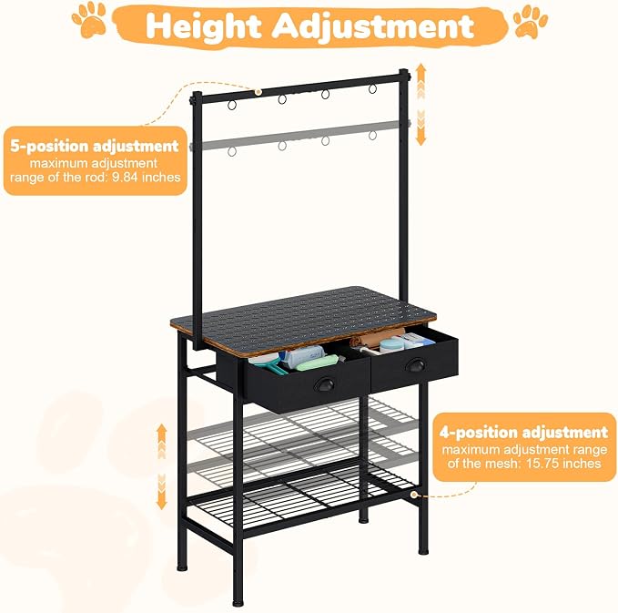 Cutogxon Dog Grooming Table for Small Dogs at Home | Adjustable Height Pet Grooming Table with Double Drawers,Mesh Tray,Non-slip Removable Washable Mat and EVA Protective Lanyard