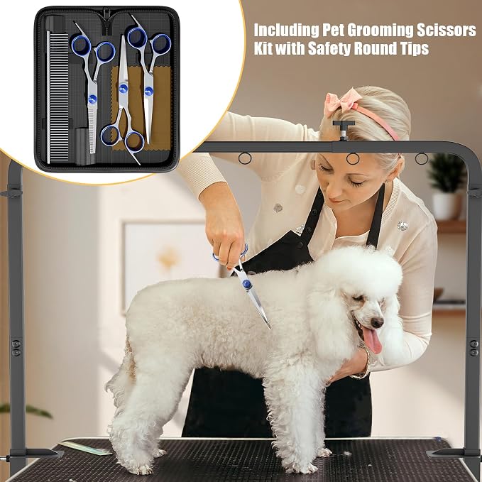 Dog Grooming Table Arm - Adjustable Height & Width, Heavy Duty Dog Grooming Station with 4-Piece Scissors Comb Set, Includes Adjustable Hammock & 2 No-Sit Haunch Holders for Dogs & Cats