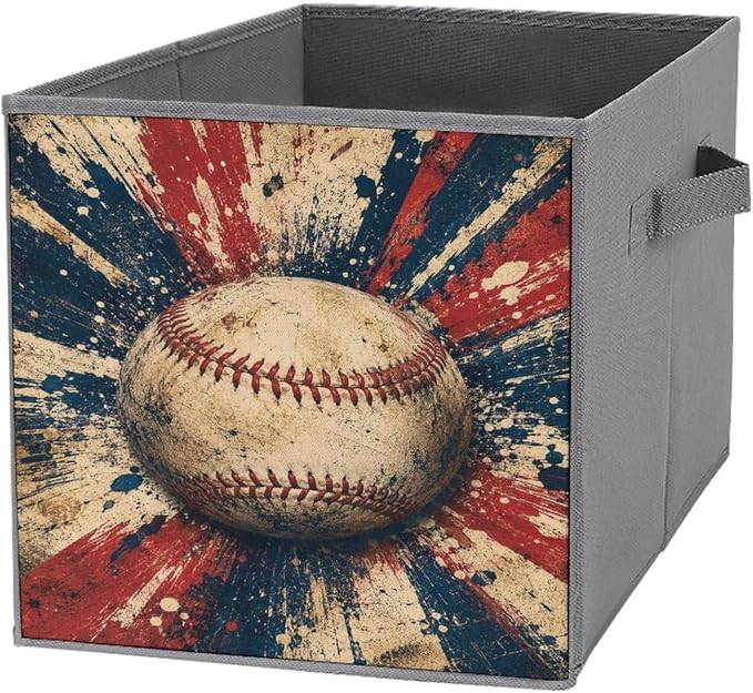 Baseball Vintage Grunge Art Storage Bin with Handles, Oxford Fabric Foldable Storage Cube Organizer for Clothes, Towels, Bedroom, Living Room, Home Organization