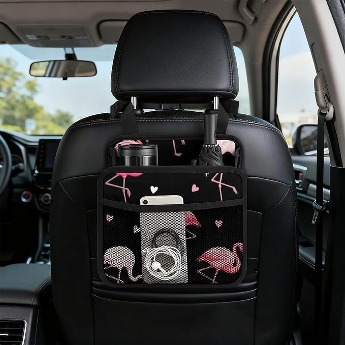 Car Seat Back Organizer Hanging Storage Bag for Backseat, Love Heart | Flamingo Black, Pu Leather Auto Storage Organizer with Mesh Pockets, Waterproof and Leakproof