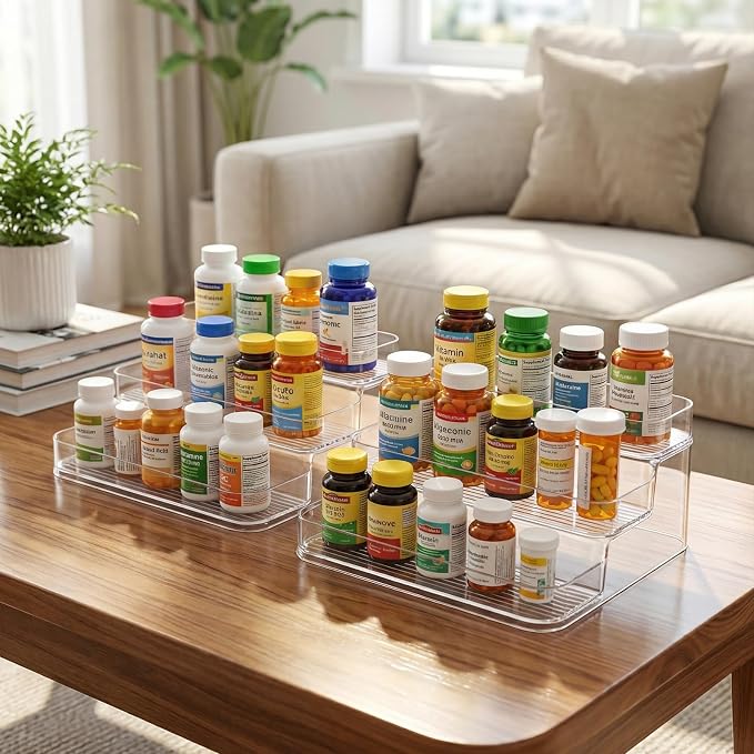 Medicine Cabinet Organizer 3 Tier Plastic Spice Organization for Cabinet Vitamin Organizer Countertop Step Shelf Makeup Organizer Countertop for Bathroom Kitchen Pantry Home Storage