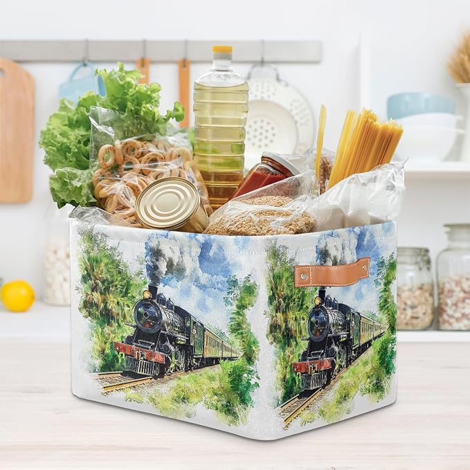OSAM SPACE Storage Basket Bin Vintage Steam Train Rectangular Storage Basket Cube With Handles, Laundry Storage Organizer Basket for Toy Nursery Closet Shelves Bedroom Home