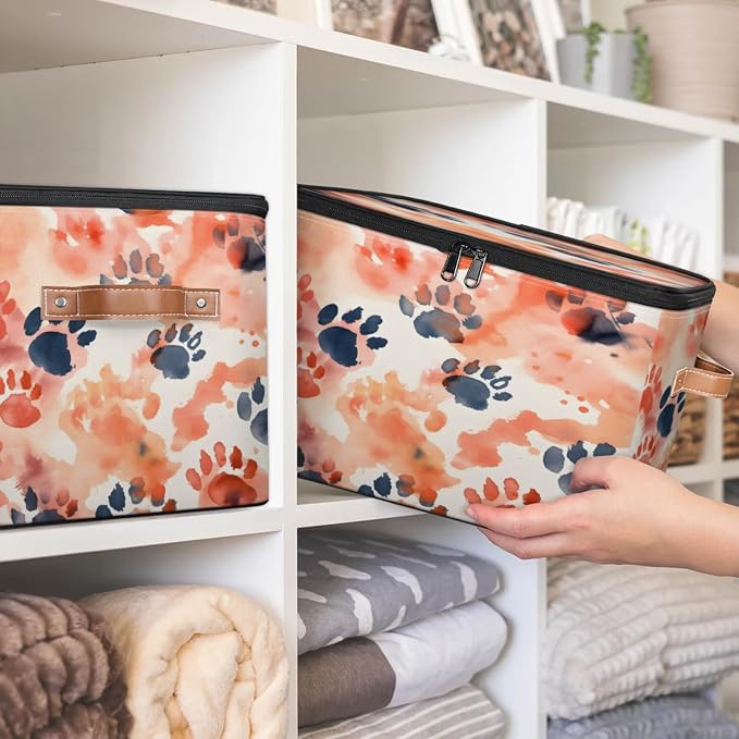Storage Bins Animal Paw Print Storage Basket with Zipper Lid & Handle Foldable Storage Box Storage Cube Bin Clothes Organizer for Closet, Bedroom