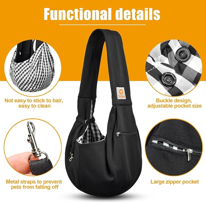Tomkas Small Dog Cat Sling Carrier Puppy Purse Travel Wrap Soft Crossbody Pet Bag (Black, M - Zip Pocket & Classic Strap)
