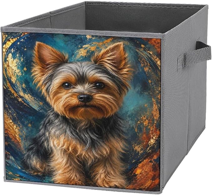 Yorkie Dog Art Print Storage Bin with Handles, Oxford Fabric Foldable Storage Cube Organizer for Clothes, Towels, Bedroom, Living Room, Home Organization