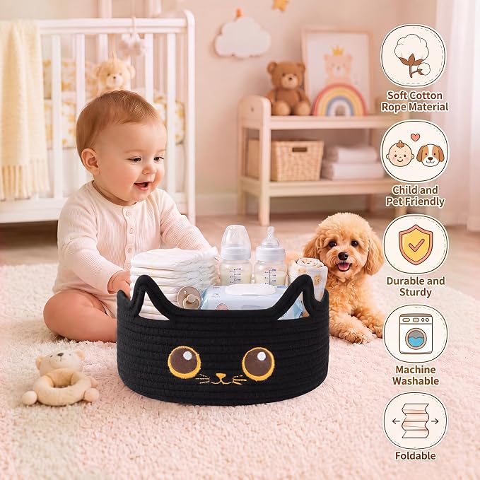 Small Cotton Rope Halloween Basket, Black Cat Toy Basket for Living Room | Cute Decorative Dog Toy basket, Toy Bin for Baby, Pet, Gift Basket for Baby Shower , 11"×11"×4.7", Black
