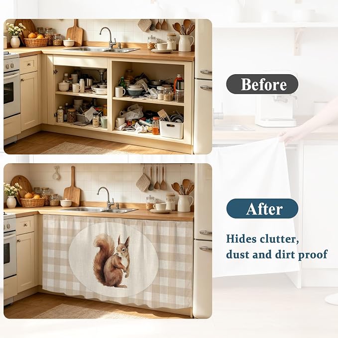 Squirrel Plaid Oven Skirt Curtain for Kitchen Decor 28"x35", Rustic Farmhouse Checkered Retro Animal Self Adhesive Stove Curtains Skirt Cabinet Curtains for Bathroom Laundry Room