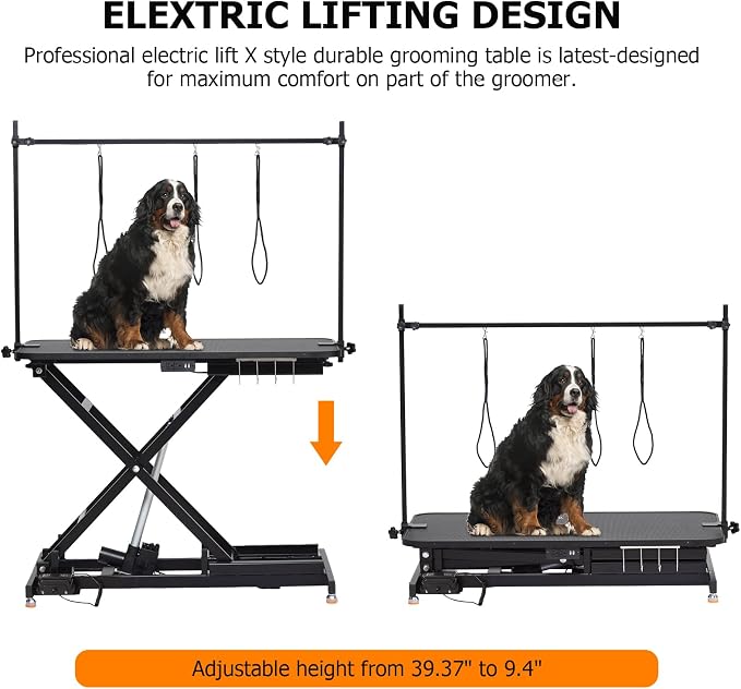 47 Inch Dog Grooming Table, Electric Hydraulic Pet Grooming Table, Dog Grooming Station with Aluminium Overhead Arm, Anti Slip Tabletop, Tool Organizer, Height Adjustable, 264 LBS Capacity, Black