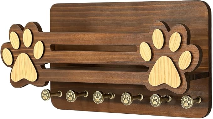 Dog Leashes Holder Wall - Cute Paw Design Hook Rack, Wooden Organizer Stand, Multi Hook Storage Mount | Apartment Indoor Key Holder for Apartment Indoor