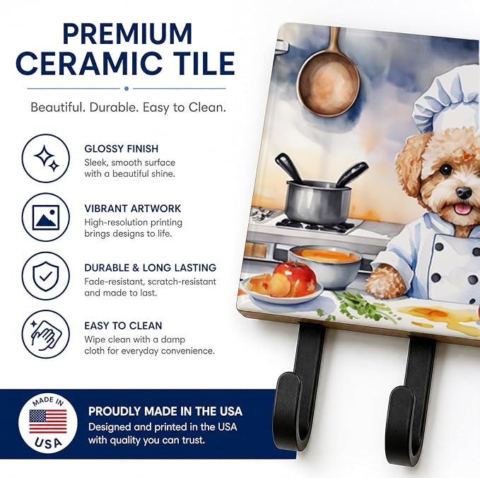 Caroline's Treasures Maltipoo The Chef Leash or Key Holder Wall Hooks, Key Hooks Holder, Coat Rack Wall Mount, Coat Hooks, Hooks for Hanging Keys, Towels, Aprons, Leashes | Maltipoo The Chef artwork on ceramic tile with three steel hooks for keys, leas...