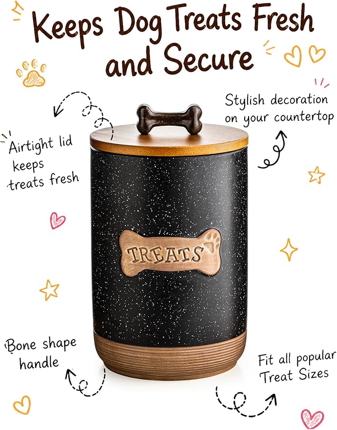 Miamolo Dog Treat Container, Dog Treat Jar for Countertop Airtight Seal Lid | Ceramic, 8 Cups, Wooden Lid, Cast-iron Handle | Dog Food Storage Container, Decorative Dog Cookie Canister, Bone Dotted Black