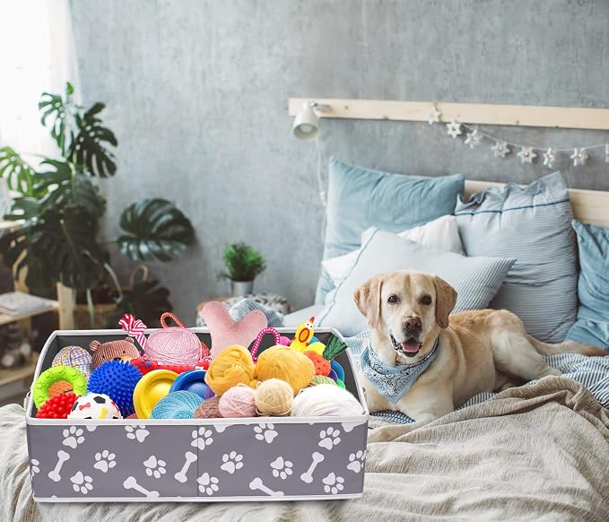 Linen-cotton Blend Dog Toy Organizer Basket - Storage for blankets, leashes, rope toys, clothing - Bone claw pattern