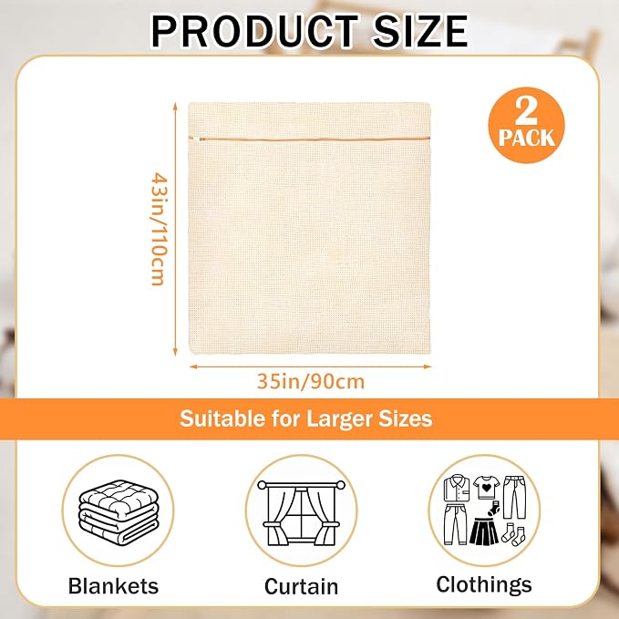 SATINIOR 2 Pack Extra Large 100% Cotton Mesh Laundry Bags 43 x 35 Inch Jumbo Cotton Mesh Large Delicate Bags with Sturdy Zippers Washing Machine Bag for Coats, Blankets, Bedding, Toys, Pet Items