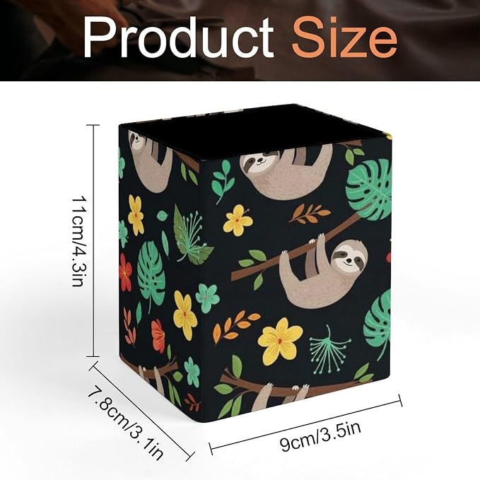 Pen Organizer Pencil Holder, Makeup Brush Organizer Pu Leather Desktop Holder Box Floral Flowers Cute Branch Sloth Desk Decor Accessories