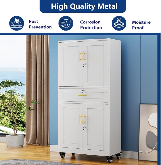Ckzbx Metal Garage Storage Cabinet with Locking Drawers and Adjustable Shelves,71" H Rolling Tool Storage with Wheels for Garage,Office (White)