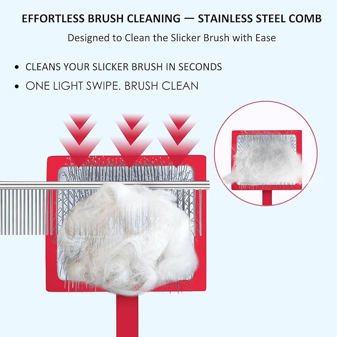 Dog Slicker Brush for Goldendoodles, Poodles & Long Haired Dogs - Long Pin Doodle Brush & Pet Comb Kit Removes Tangles Loose & Knots, Professional Grooming Tools with Wooden Handle, Red