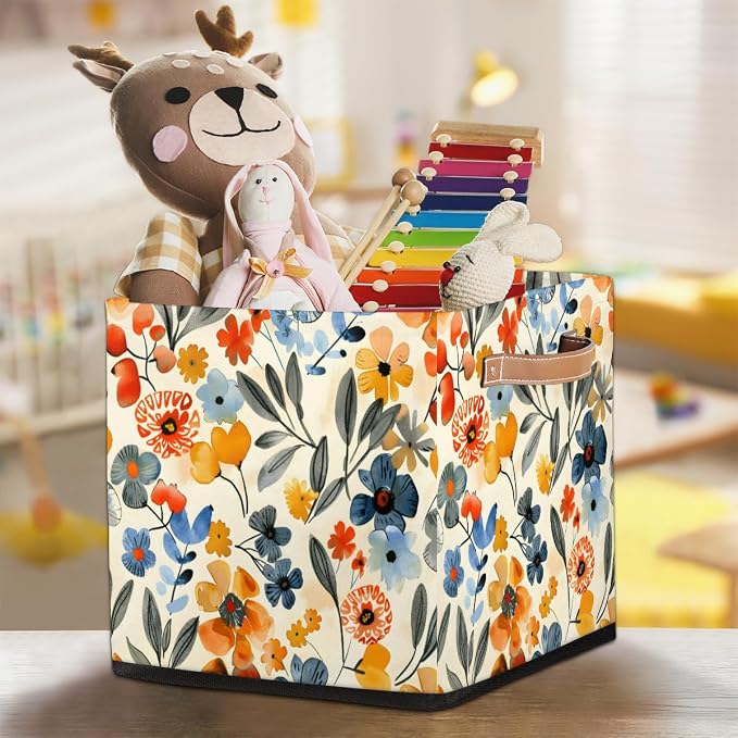 Floral Cube Storage Bin, 13 Inch Collapsible Fabric Storage Cubes Bin, Colorful Flowers Foldable Cube Baskets for Shelf, Closet, Organizer