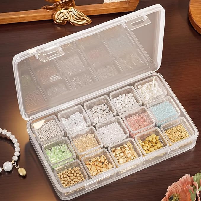 2 Pack 15 Grid Storage Organizer, Independent Small Compartment Boxes | Portable storage boxes for earrings, beads, nail art rhinestones and small hardware to prevent clutter.