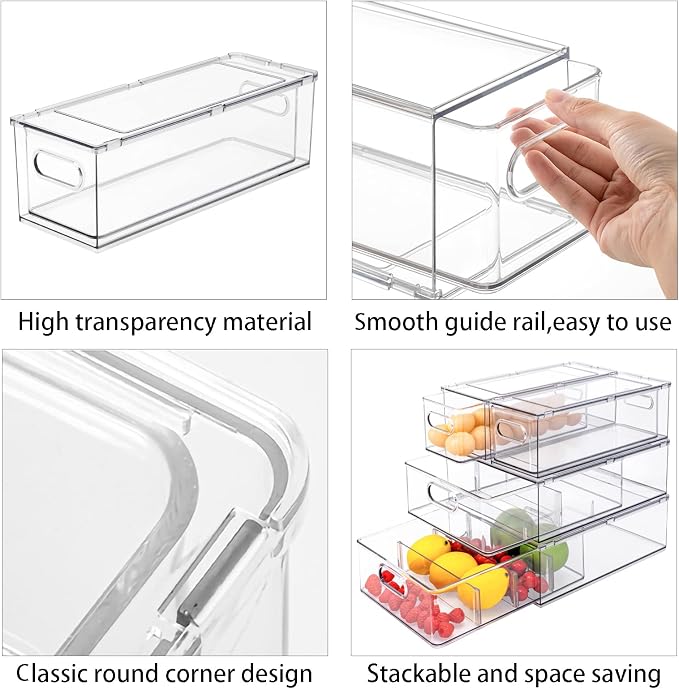 4 pack Stackable Refrigerator Organizer Bins Pull-Out Drawers for Fruit and Veggies Storage Organizer for Fridge Clear Drawer Containers with Handle Divided Organization for Produce Saver