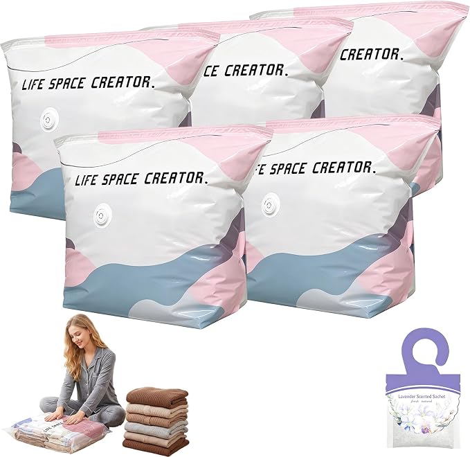 Large Capacity Vacuum Bags No Pump Needed, No Pump Large Vacuum Storage Compression Bags, Reusable No-Pump 3D Vacuum Storage Bags for Jumbo Clothes Bedding, Comforters, Off‑Season Gear (S-5PC)