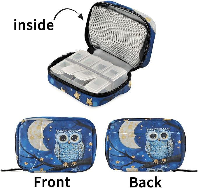 Fustylead Owl Birds on Branch in Night Sky Moon Stars Travel Pill Case Bag with Zipper Weekly Pill Box 8 Compartments 7 Day Personal Pill Case Purse Medicine Case Organizer