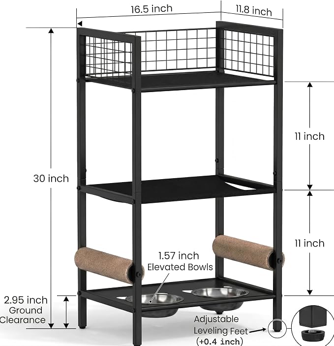 Cat Feeding Station Furniture with Scratching Post, 3-Tier Cat Food Organizer & Storage, Raised Feeding Stand with 2 Stainless Steel Bowls, Space-Saving Cat Shelf for Small Spaces, Black