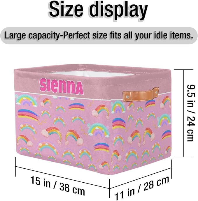 Personalized Kids Toy Box Name, Custom Nursery Baskets Cubes Box, Girls Custom Storage Basket Laundry Baskets Organizer with Handles, Painted Colorful Rainbow with Cloud Pink Background