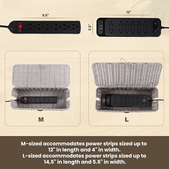 Cable Management Box, Cord Organizer with Lid & Cable Ties - Gray Set | Handmade Open Slots Cord Hider Outlet Covers for Power Strip TV PC Router Charger Under Desk Storage